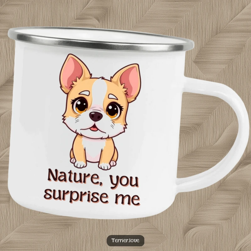 Funny surprised terrier camping mug, dog with wide eyes, expressive outdoor drinkware, great for adventurers.