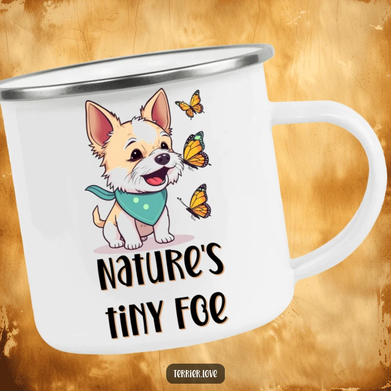 Funny camping mug featuring a terrier dog in a bandana energetically barking at a butterfly, perfect for enjoying drinks outdoors with a smile.
