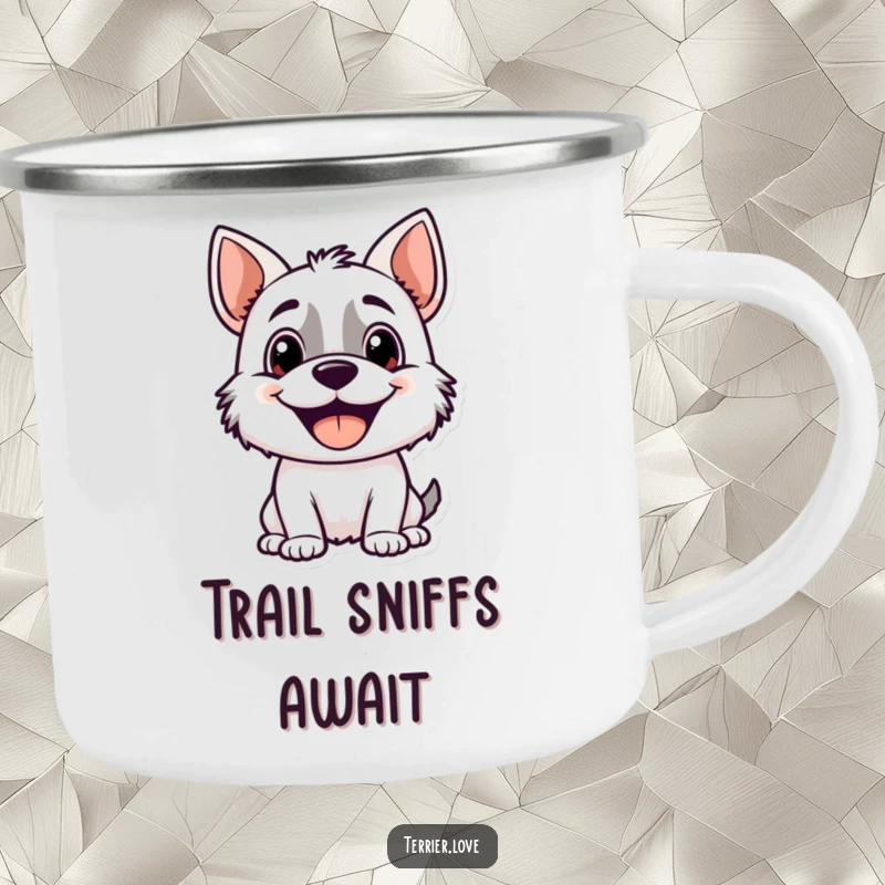 Funny terrier camping mug featuring a cheerful, panting dog character ready for outdoor fun, seeking attention and enjoying the journey.