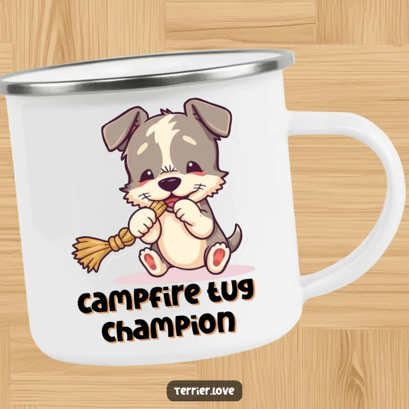 Funny Camping Mug with a terrier playing tug-of-war with a rope toy, durable and humorous for outdoor use.