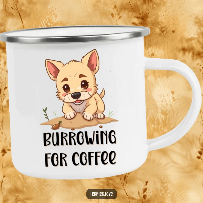 Funny camping mug with a determined terrier digging design, perfect for outdoor enthusiasts who appreciate a good laugh.