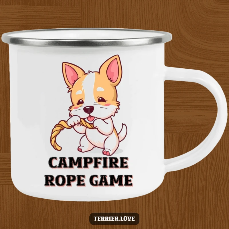 Funny Terrier Camping Mug: Enamel cup featuring a playful dog character tugging on a rope toy, perfect for outdoor drinks.