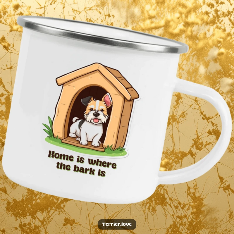 Funny terrier peeking playfully from a doghouse, a humorous camping mug for outdoor fun.