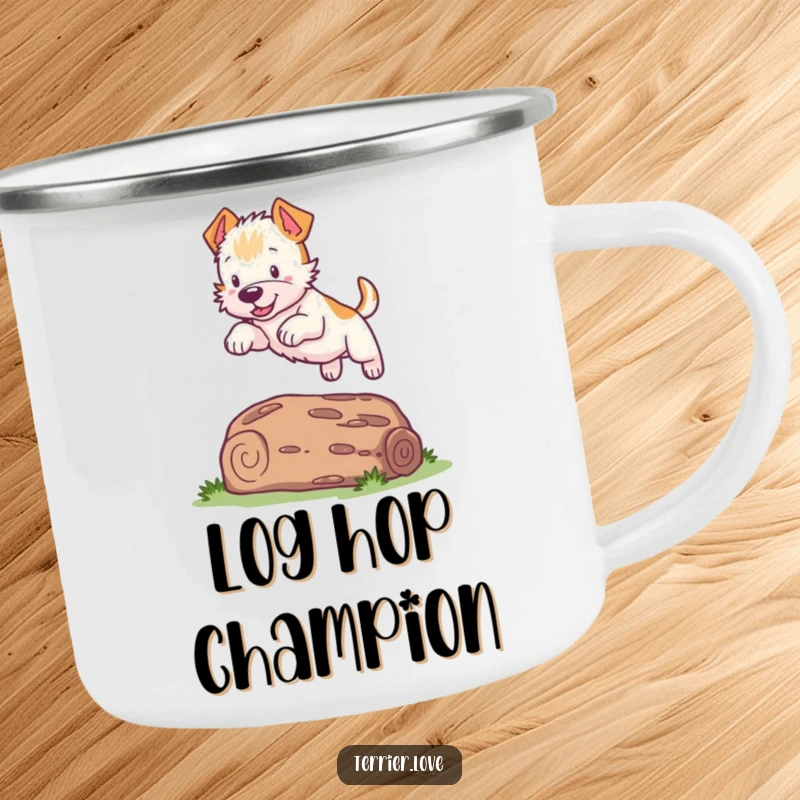Funny Terrier Camping Mug: A playful dog leaps over a log, perfect for outdoor use and bringing humor to adventures.