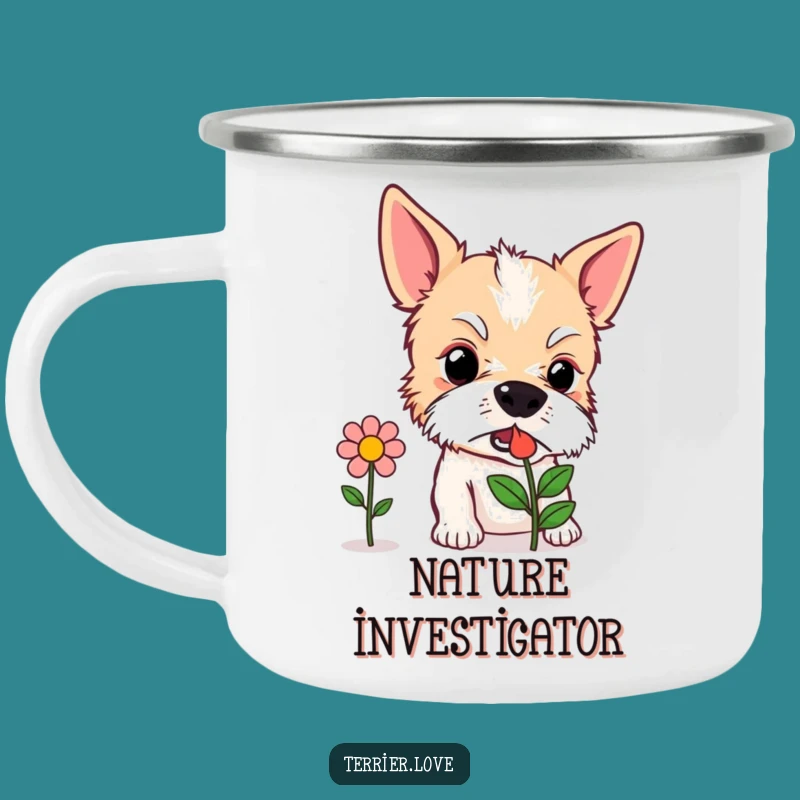 Funny Curious Terrier Camping Mug - Sniffing Flower Dog Cup, Outdoor Explorer Gift