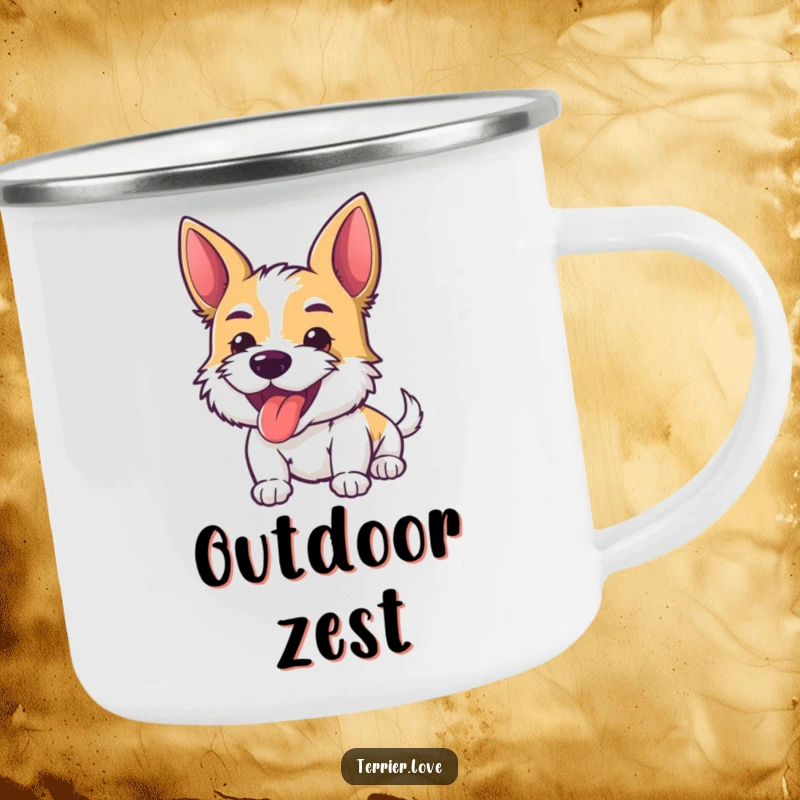 Funny Camping Mug featuring an energetic terrier with its tongue playfully out, ready for any outdoor escapade.