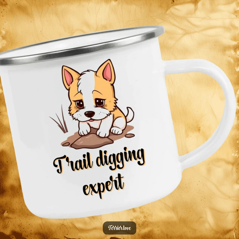 Funny Camping Mug with a determined terrier digging a small hole, durable and humorous for outdoor endeavors.