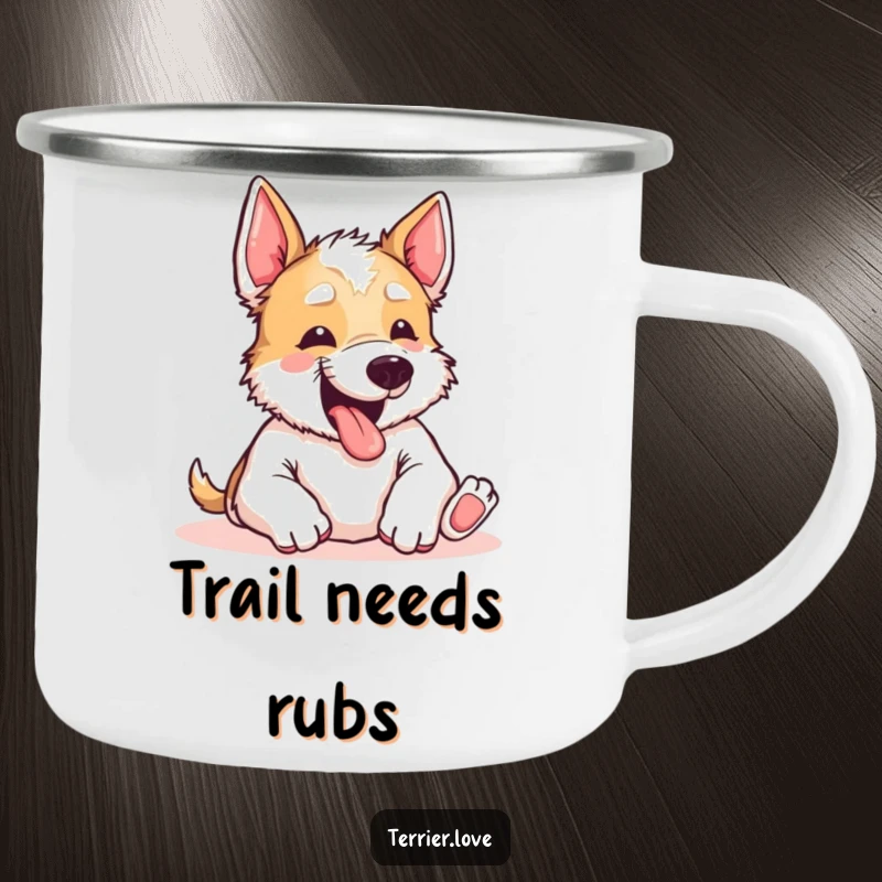 Funny Terrier Camping Mug: A rugged terrier yipping with outdoor excitement, begging for a belly rub. Great for adventures.