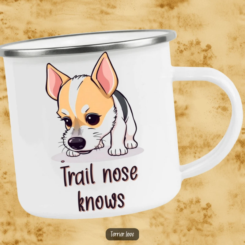 Funny camping mug featuring a curious terrier with a focused look, sniffing the ground in a rugged outdoor setting.