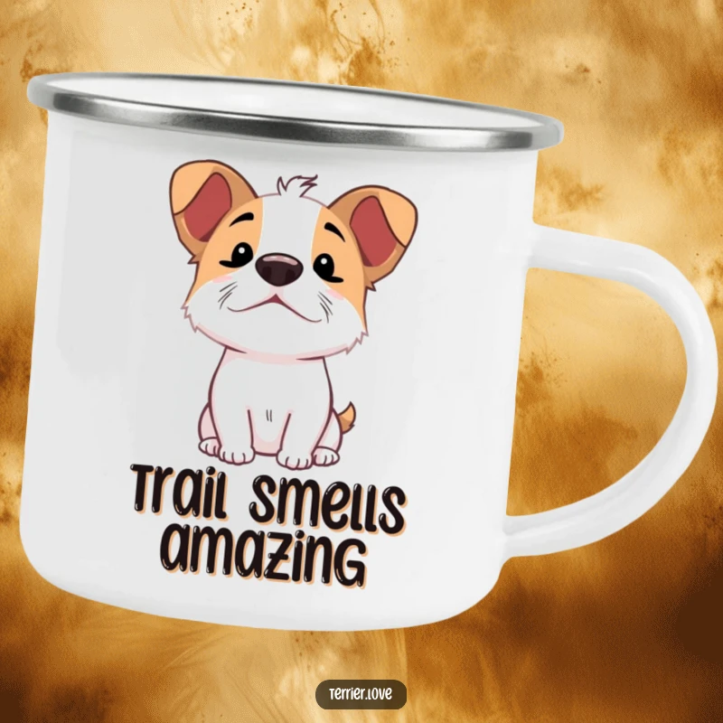 Funny Sniffing Terrier Camping Mug: Enamel cup featuring an excited dog character sniffing the air with nose up.