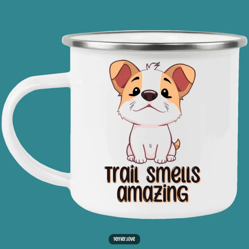 Funny Sniffing Terrier Camping Mug - Enamel Excited Dog Cup, Outdoor Gift