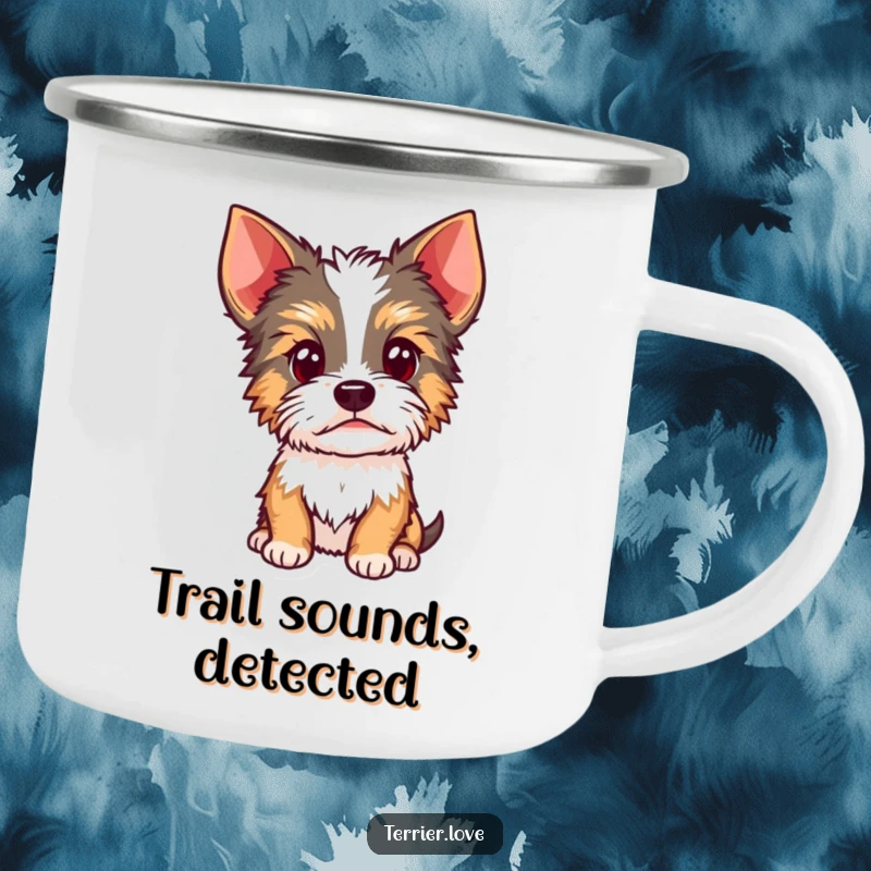 Funny Terrier camping mug illustration of a curious dog with a head cocked and alert ears, perfect for outdoor lovers and dog enthusiasts.