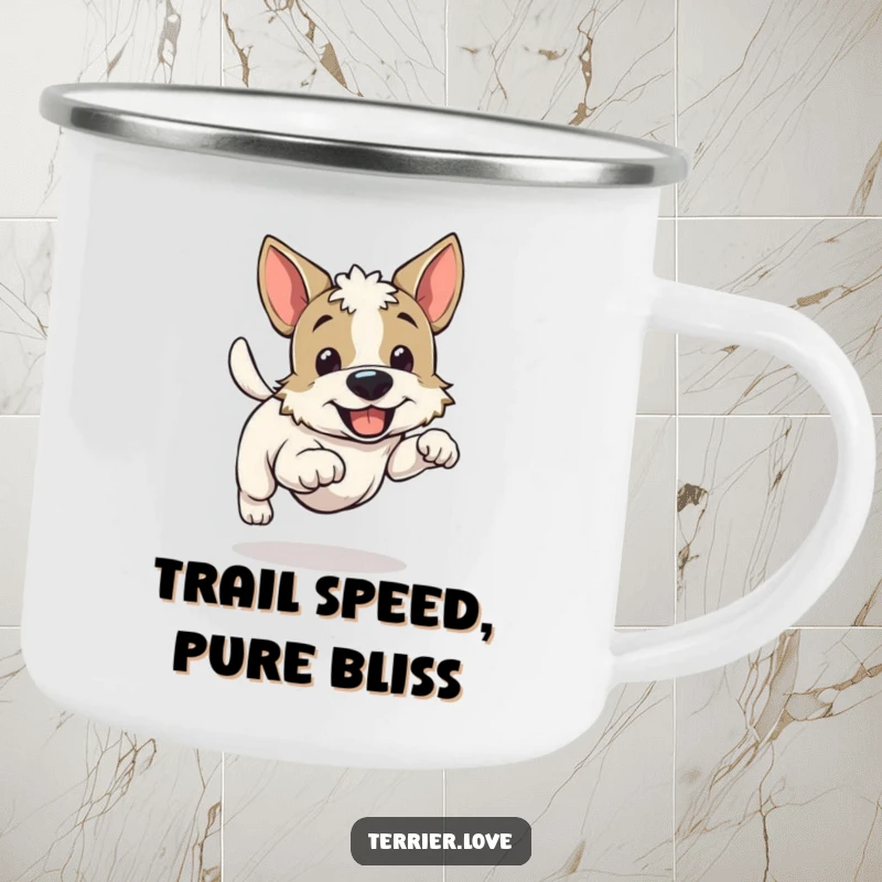 Funny cheerful running terrier camping mug, happy dog wagging tail, energetic outdoor drinkware, great for adventures.