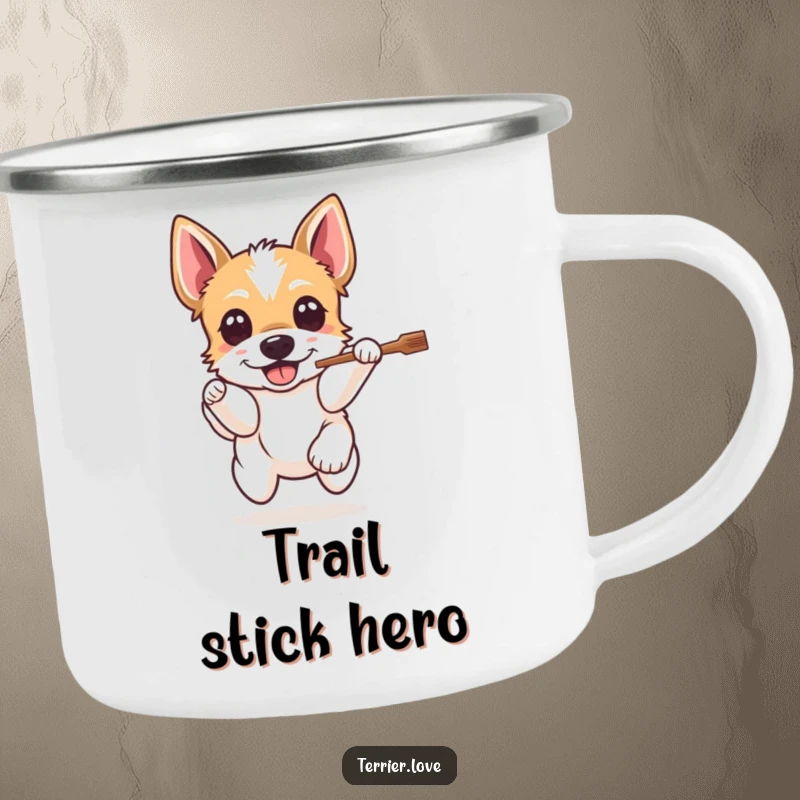 Funny Terrier Camping Mug: A happy dog leaps for a stick during an adventure, perfect for outdoor fun and humor.