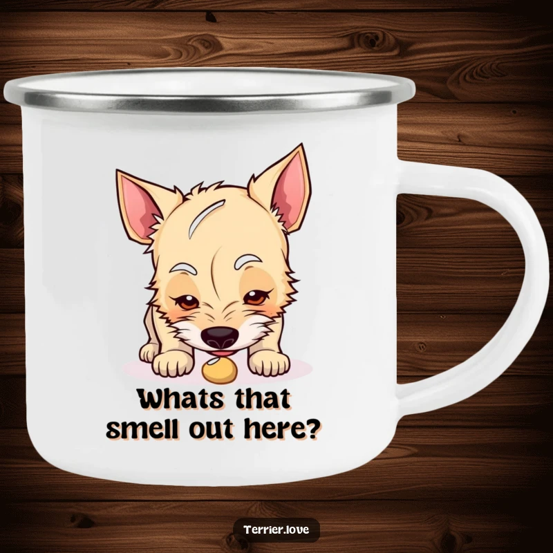 Funny terrier camping mug featuring a curious dog sniffing an intriguing object, for the outdoor explorer.