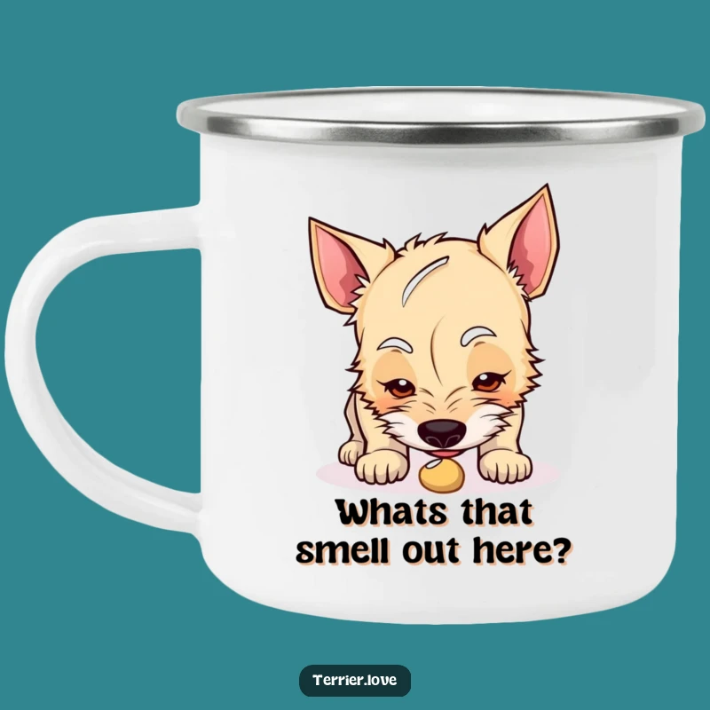 Funny Curious Terrier Camping Mug: Explore the Unknown, Perfect Gift