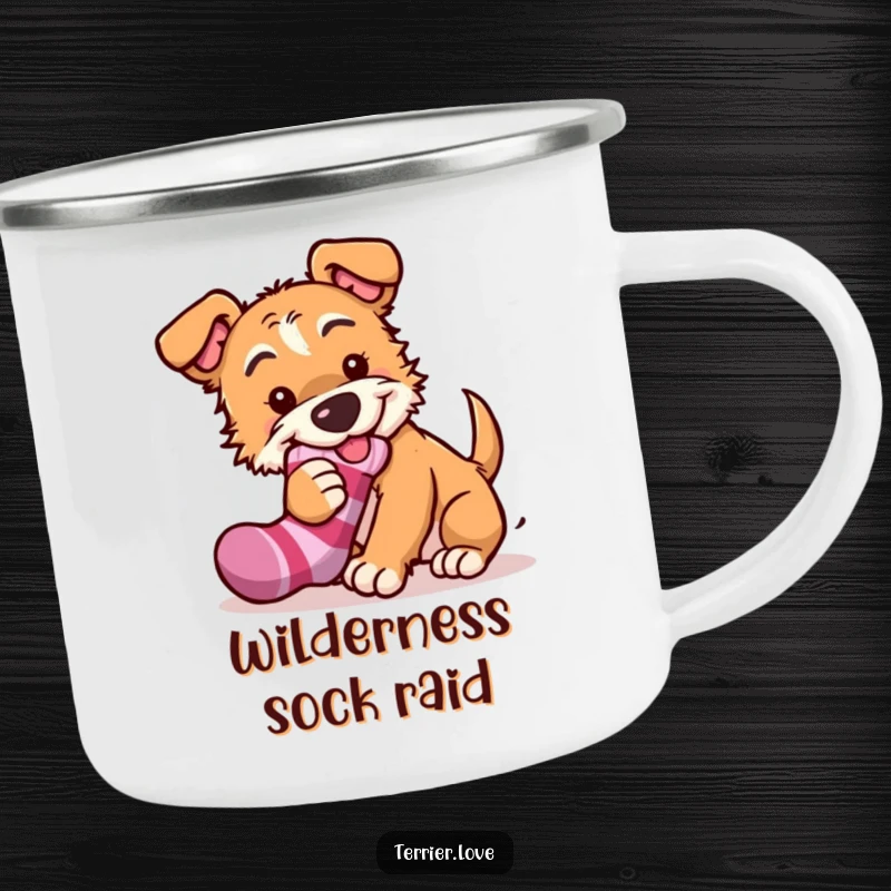 Funny terrier camping mug depicting a mischievous dog stealing a sock, perfect for enjoying drinks during outdoor adventures with a touch of humor.