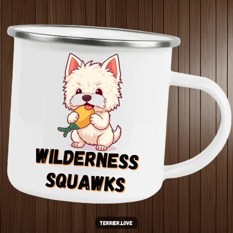 Funny Camping Mug featuring a fluffy terrier in full swing shaking a squeaky toy, ready for any outdoor escapade.