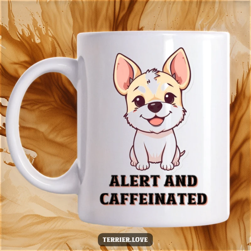 Funny Mug featuring a smiling terrier with adorable floppy ears perked up attentively, radiating pure happiness and friendliness.