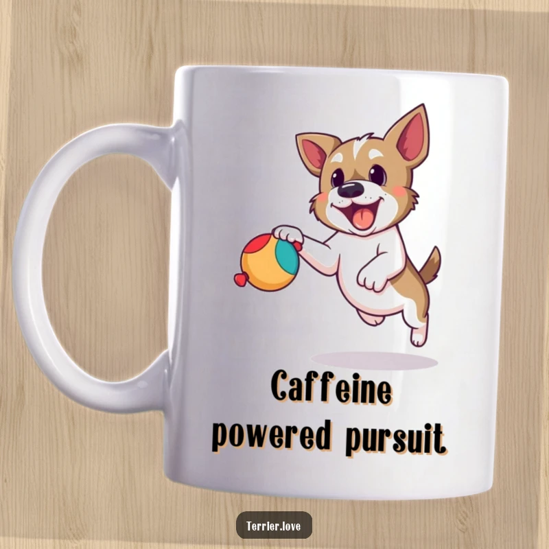 Funny terrier mug showing a determined dog leaping high in the air to catch a squeaky toy, a moment of playful focus.