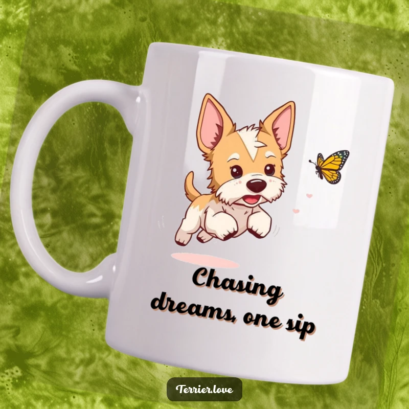 Funny terrier mug featuring a playful dog with perked ears, joyfully chasing a fast-moving butterfly.