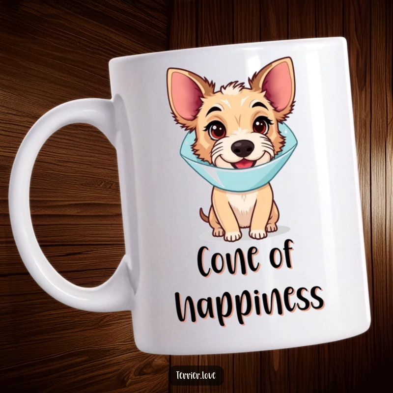 Funny Mug: A terrier dog wearing a medical cone, looking slightly bewildered but surprisingly happy, a symbol of quirky resilience.