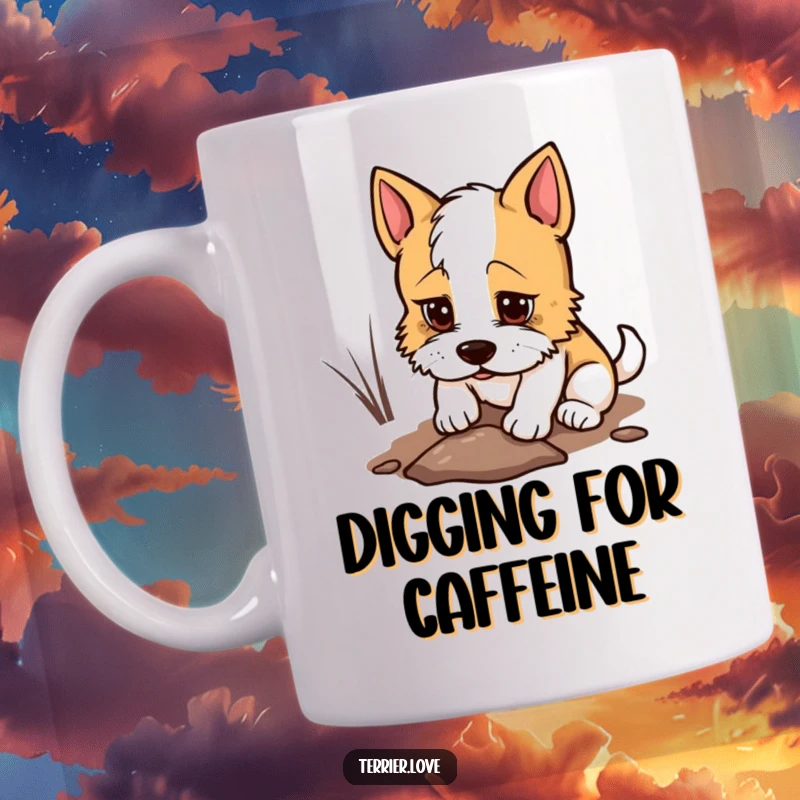 Funny Mug with a determined terrier digging a small hole, a humorous depiction of focused effort.