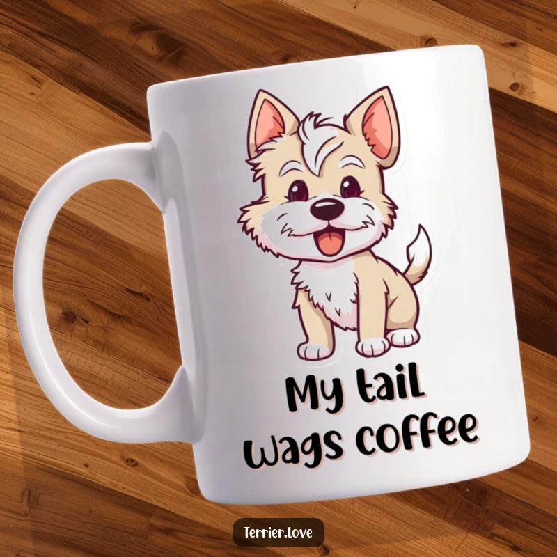 Funny terrier mug featuring a dog with its tail wagging furiously, eyes bright and full of eager anticipation, radiating pure joy.