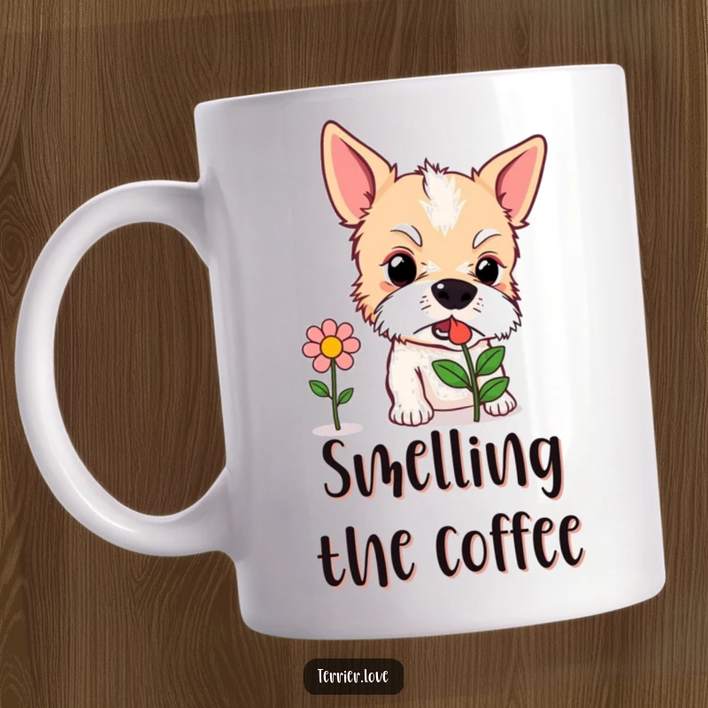 Funny Mug: A curious terrier dog intently sniffing a stylized flower icon, showcasing a gentle and inquisitive nature.