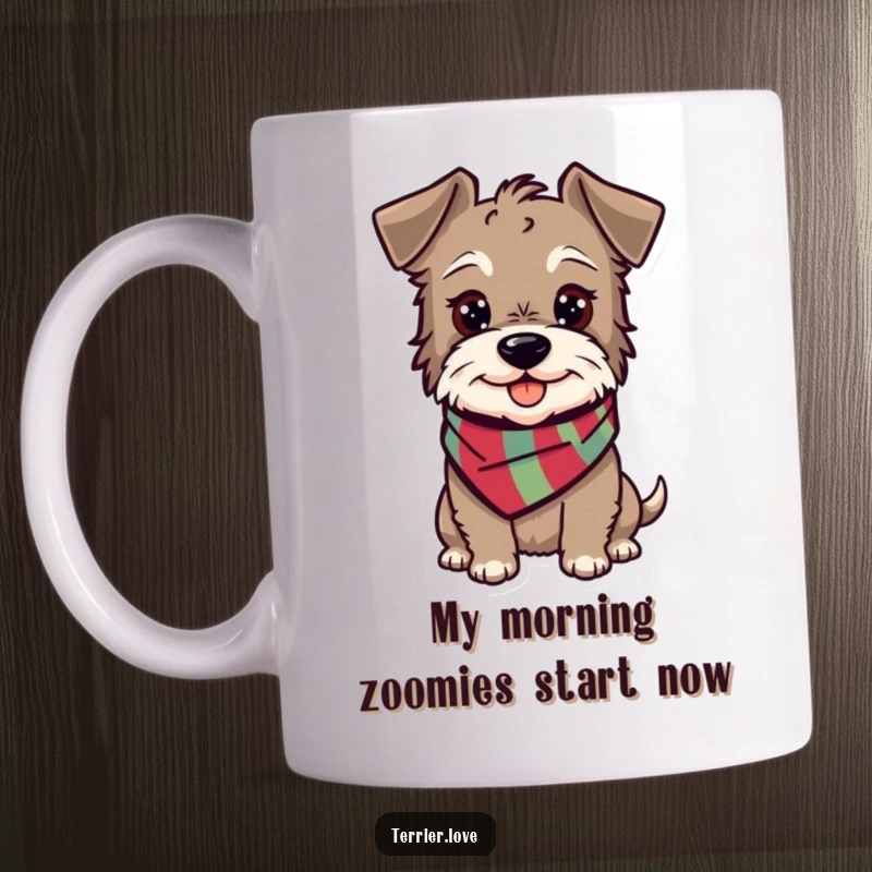 Funny terrier mug featuring a happy, alert dog wearing a colorful scarf, ready for a cheerful morning.