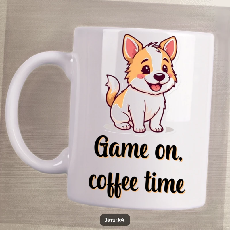 Funny Terrier mug featuring a happy dog with a wagging tail, looking excited and ready to play a game.