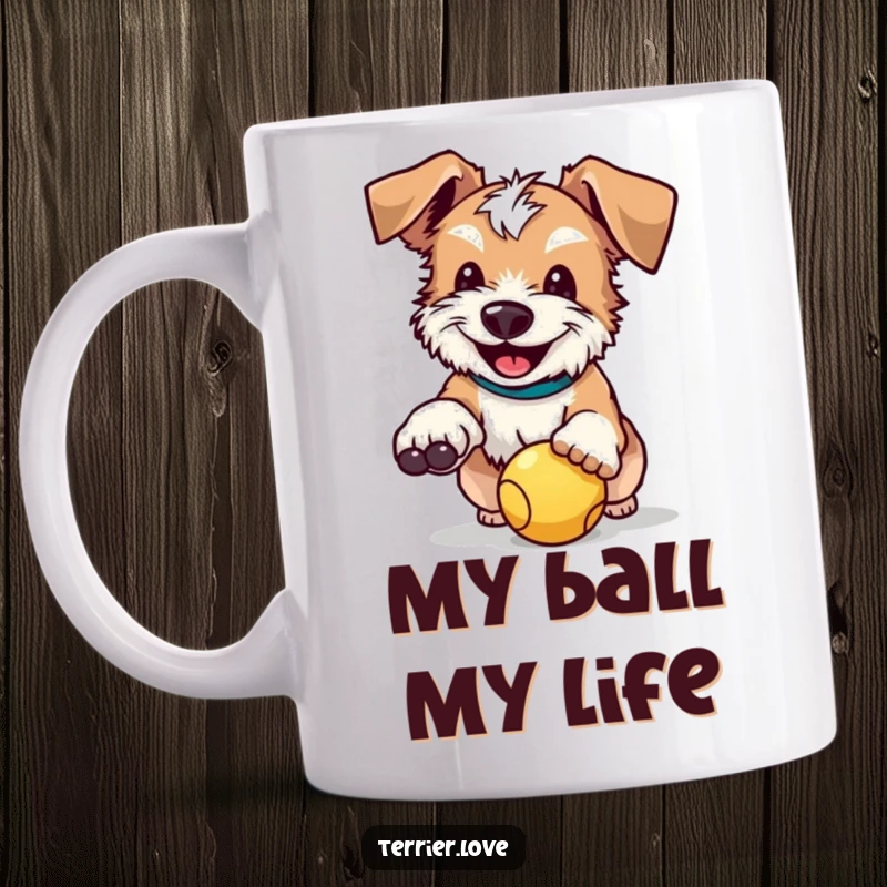 Funny mug showing a happy terrier with floppy ears, leaping to catch a ball in mid-air with pure joy.