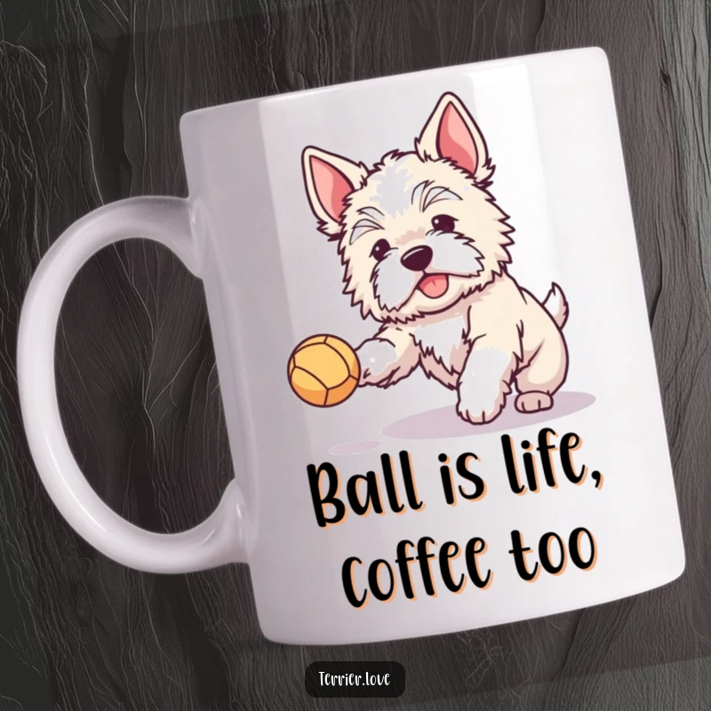 Funny mug depicting a fluffy terrier with perked ears joyfully catching a small ball, celebrating happy dog moments.