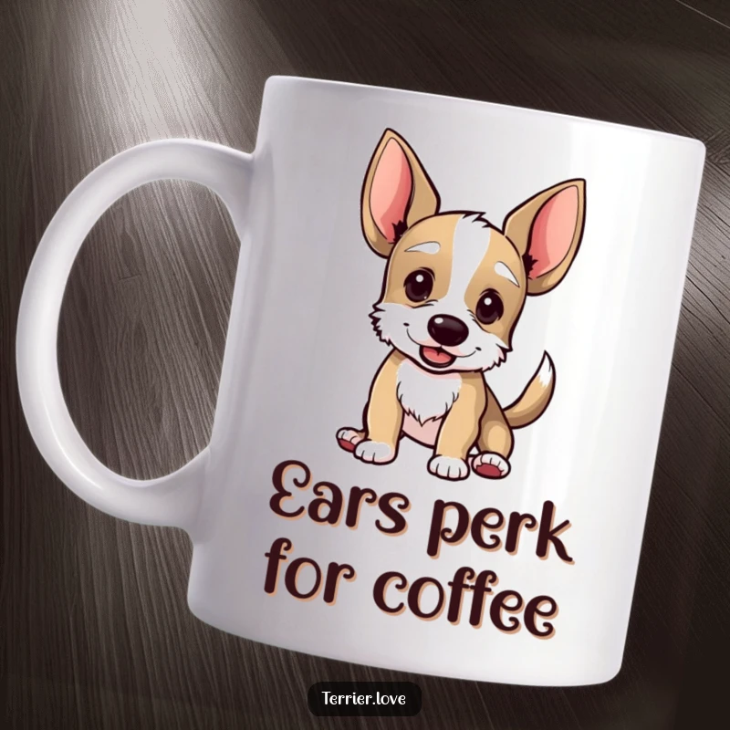 Funny mug featuring a terrier with comically large ears, its tail wagging enthusiastically, radiating pure joy and excitement.