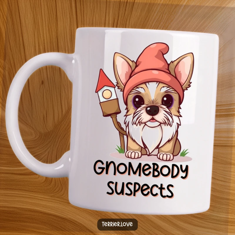 Funny Terrier Gnome Mug: A curious dog peeks from behind a garden gnome, creating a humorous and delightful scene.