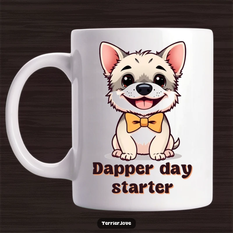 Funny terrier mug with a small dog wearing a smart bowtie and sporting a wide, happy grin, perfect for a cheerful morning.
