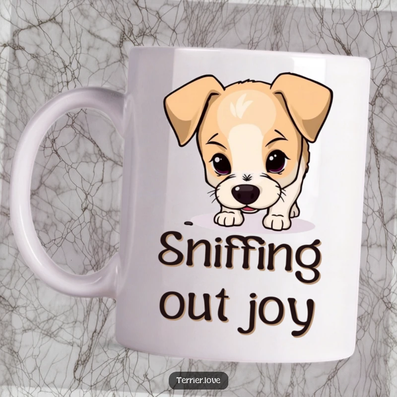 Funny terrier mug depicting a curious small dog with floppy ears intently sniffing the ground, capturing a moment of investigation.
