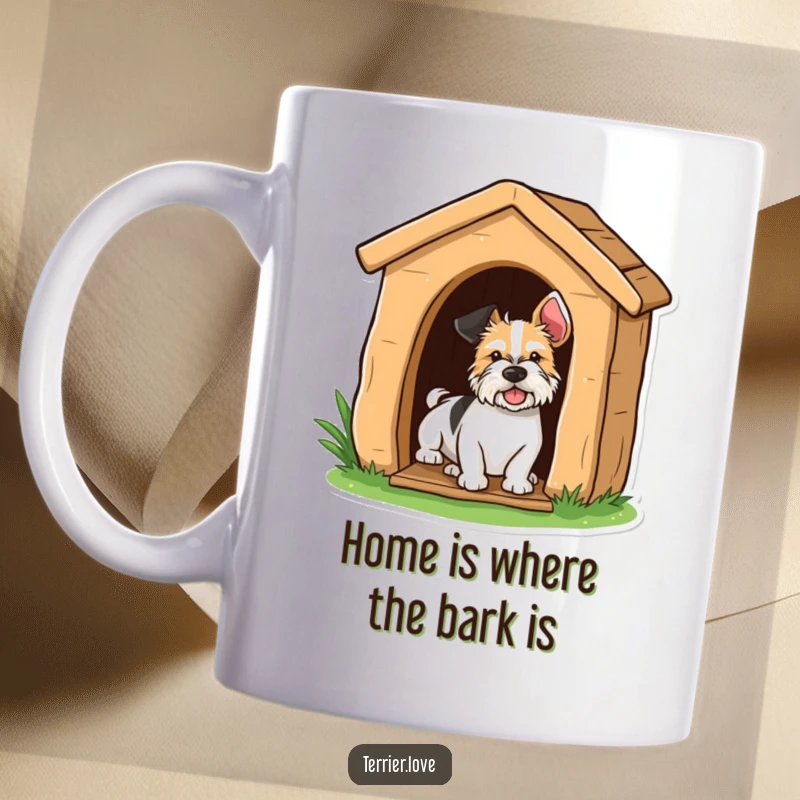 Funny terrier dog playfully peeking out from its doghouse, perfect for a dog lover's mug.