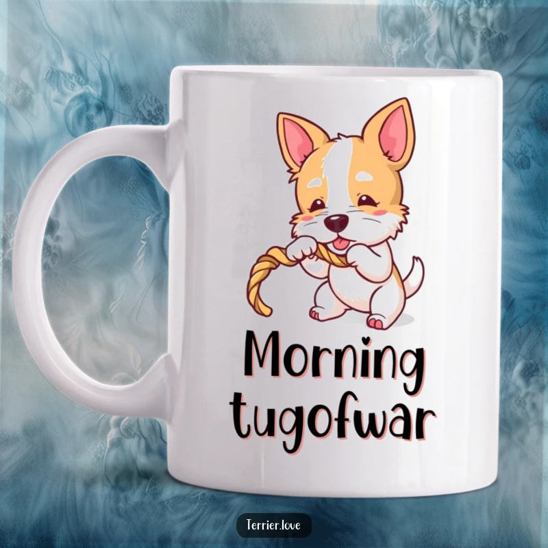 Funny Terrier Mug: Energetic dog character playfully tugging on a rope toy, full of playful determination.