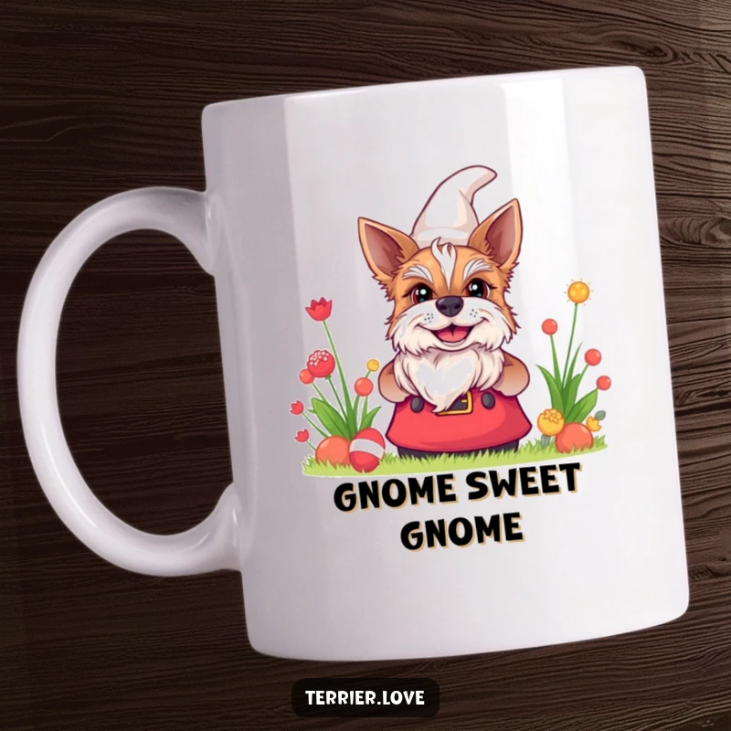 Funny terrier mug showcasing a dog peeking with a wide grin from behind a garden gnome, full of playful mischief.