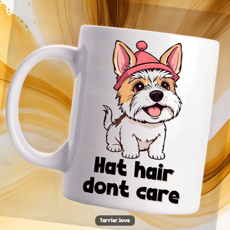 Funny terrier mug showing a happy dog wearing a silly hat and wagging its tail with pure joy and excitement.