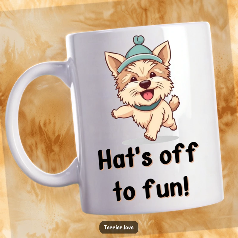 Funny Terrier mug design showing a silly dog wearing a small hat and enthusiastically chasing its tail in a dizzying circle.