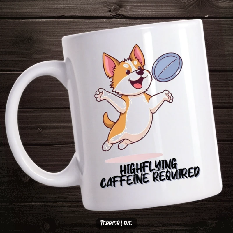 Funny terrier mug showing a bouncy dog leaping high to catch a flying disc mid-air, full of action.
