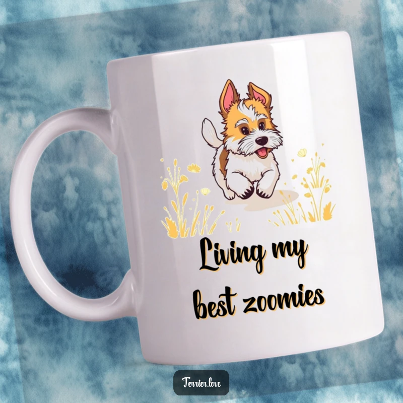 Funny terrier with a happily wagging tail running through a field, perfect for a dog lover's mug.