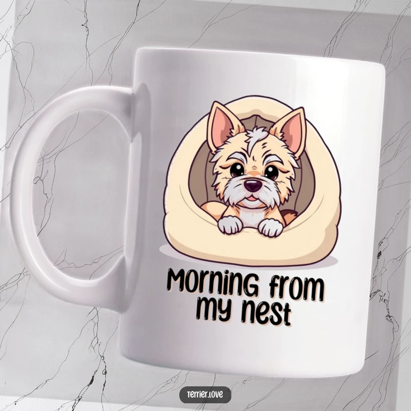 Funny terrier mug featuring a dog peeking its head out from a very cozy dog bed, looking sleepy and content.