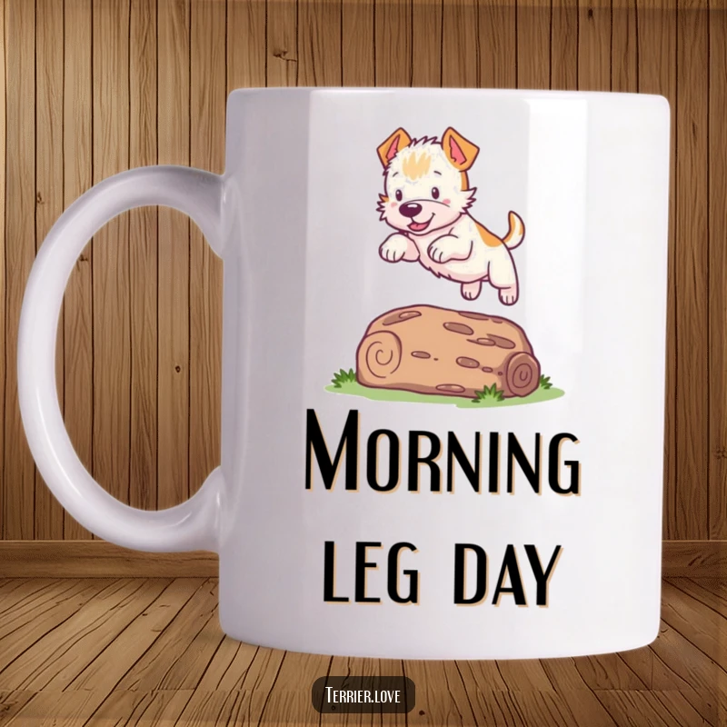 Funny Terrier Leap Mug: An energetic dog playfully jumps over a log, showcasing agility and a fun spirit.