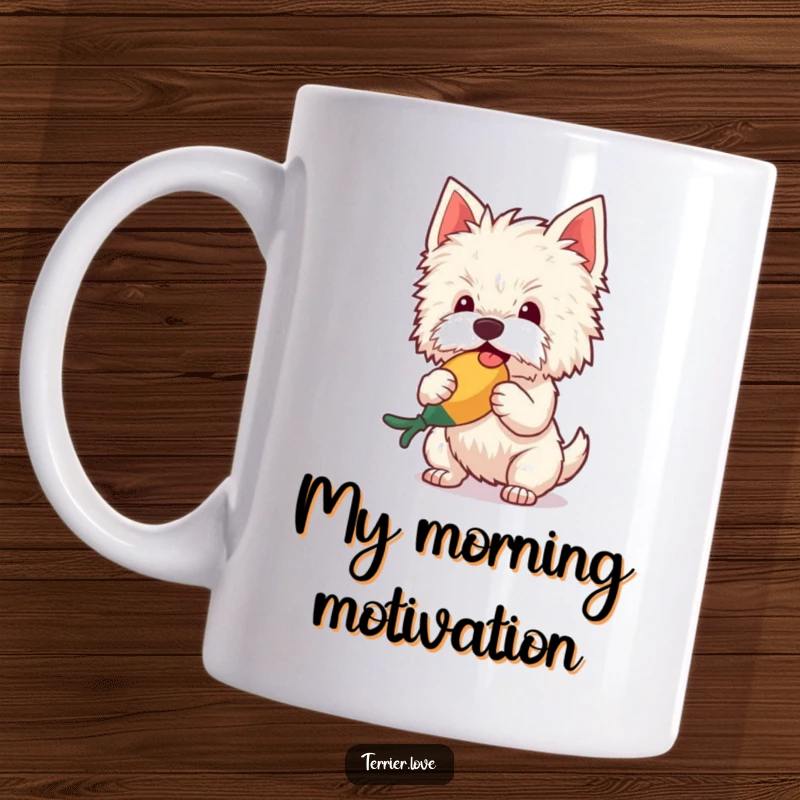 Funny Mug featuring a fluffy terrier enthusiastically shaking a bright squeaky toy, radiating pure, unadulterated happiness and playful energy.