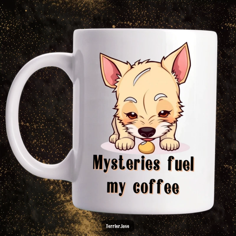 Funny terrier mug featuring a curious dog sniffing intently at a mysterious, small object on the ground.