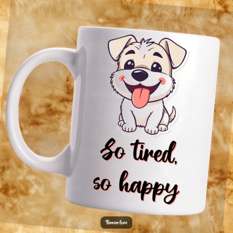 Funny smiling terrier mug with its tongue lolling out, happily panting, conveying pure canine joy and contentment.