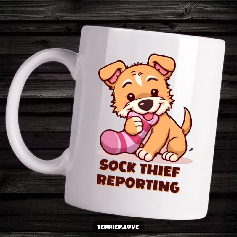 Funny terrier mug depicting a playful dog with a mischievous glint, caught in the act of stealing a sock, evoking humor and mischief.